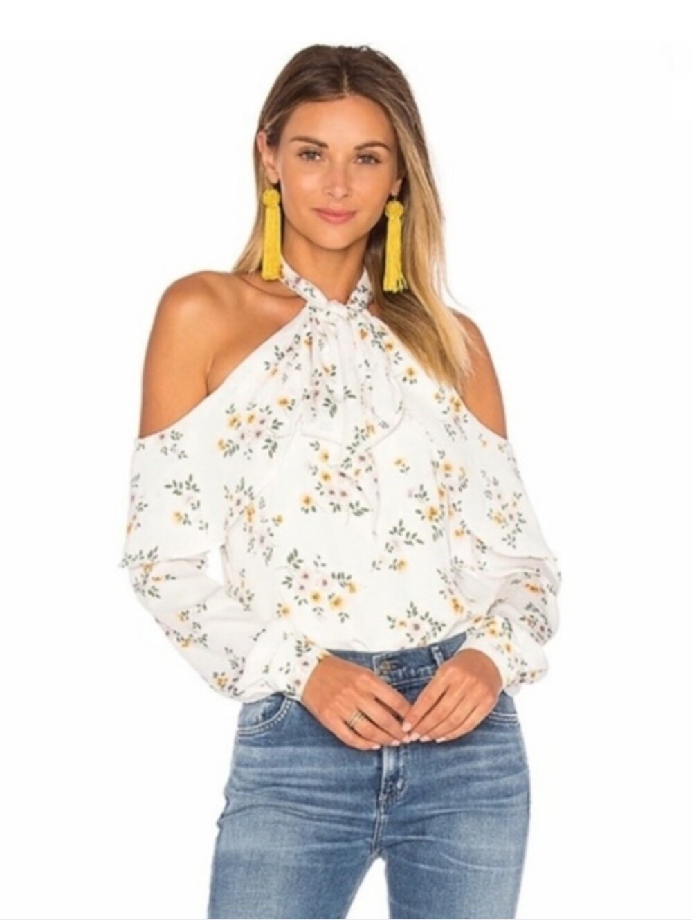 L'Academie White Floral Open Shoulder Blouse